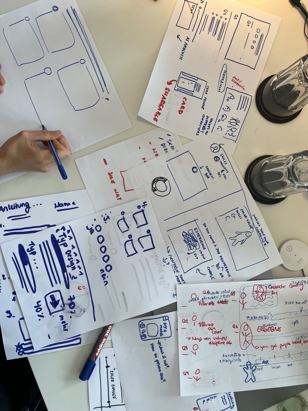 Close-up of hand-drawn wireframe sketches for the JobMatcher