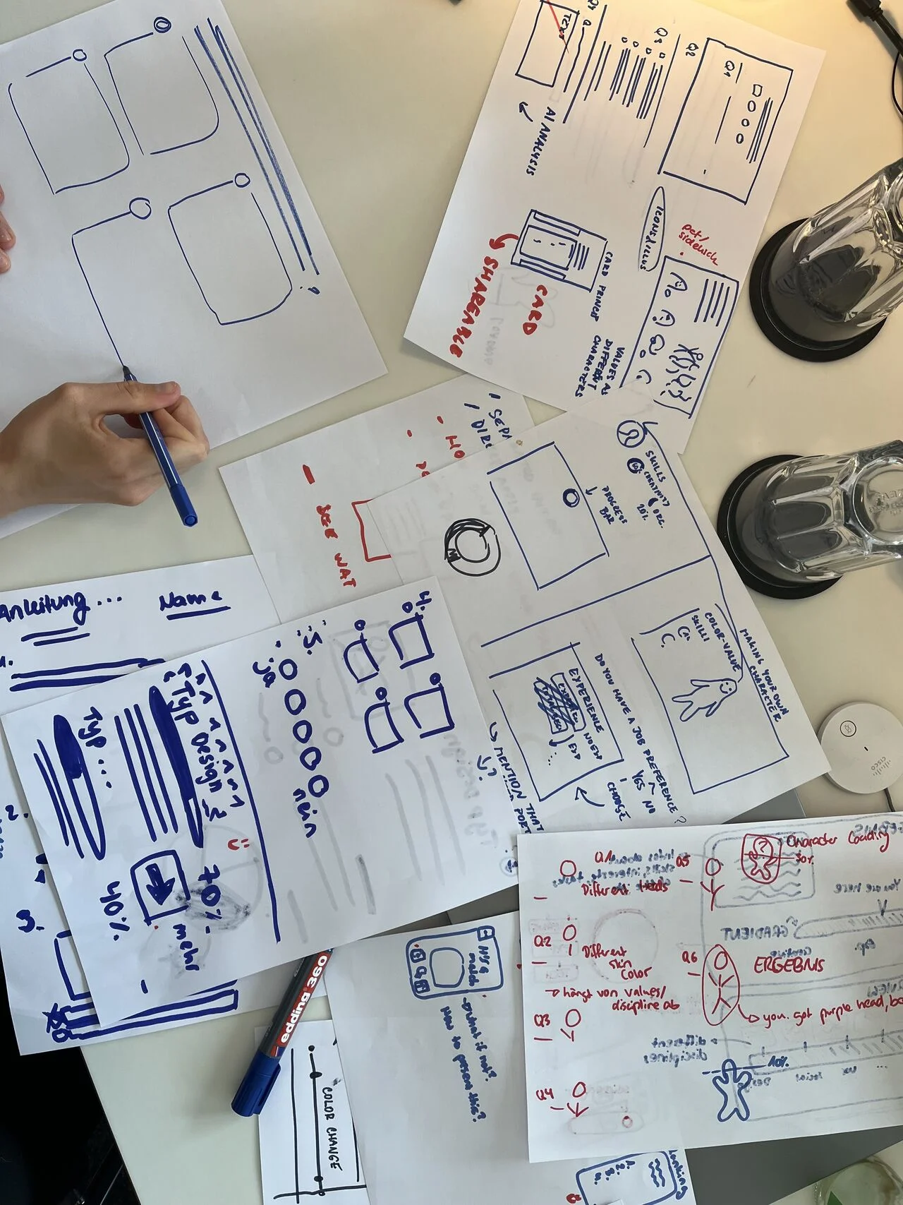 Close-up of hand-drawn wireframe sketches for the JobMatcher