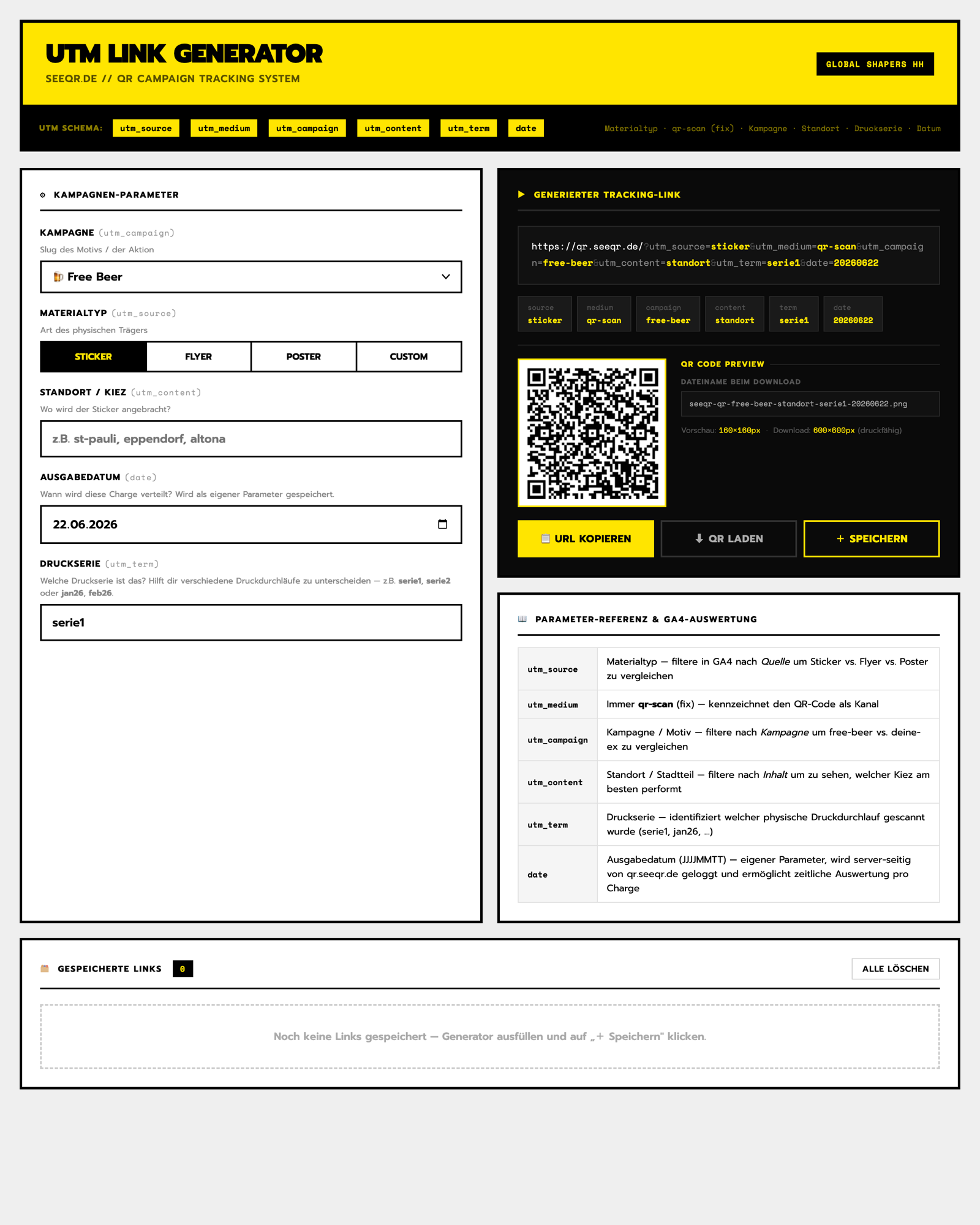 The codes.seeqr.de generator: campaign-parameter form with a Sticker/Flyer/Poster/Custom material toggle, a live QR-code preview, the generated tracking link, a UTM parameter-reference table and a saved-links list — black UI with neon-yellow accents.